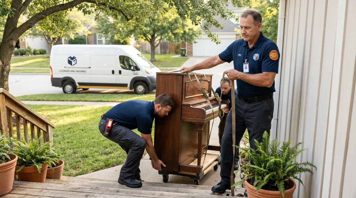 Licensed piano movers securing grand piano in Council Grove, KS