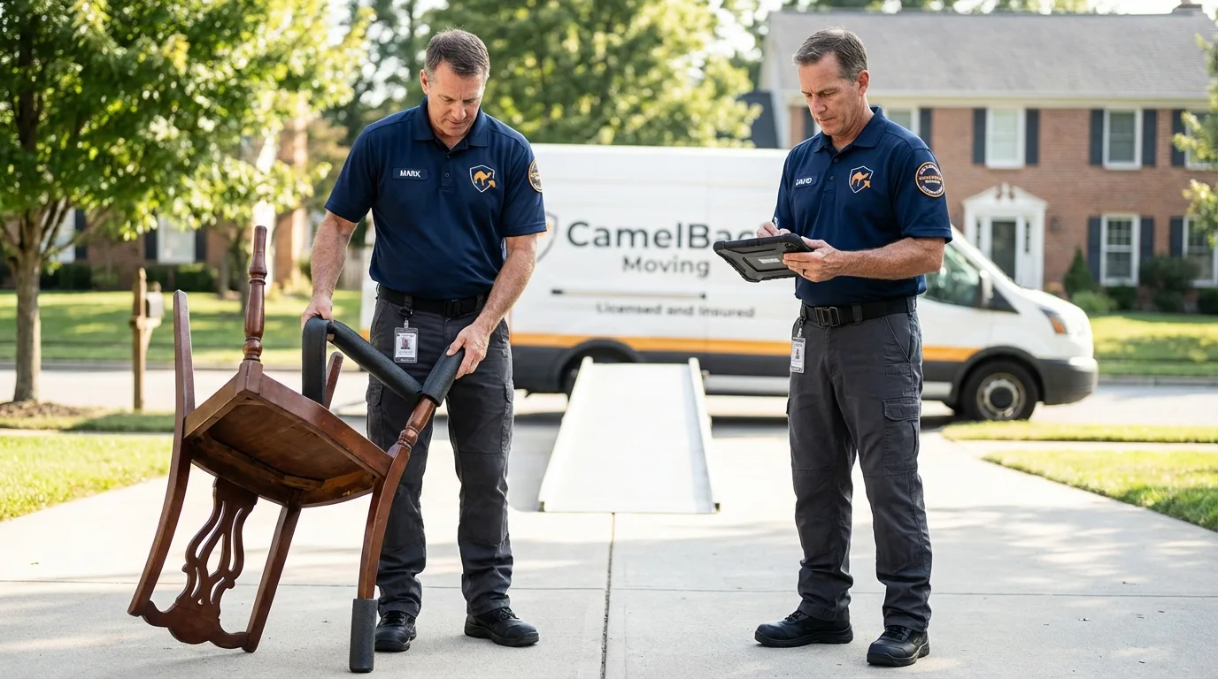 Movers inspecting furniture for damage prevention before loading in Council Grove, KS