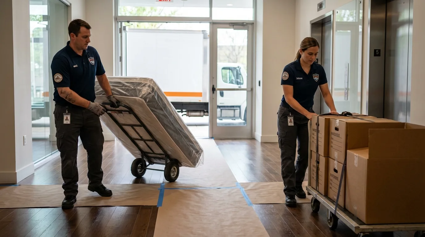 Professional apartment movers loading elevator in Council Grove, KS