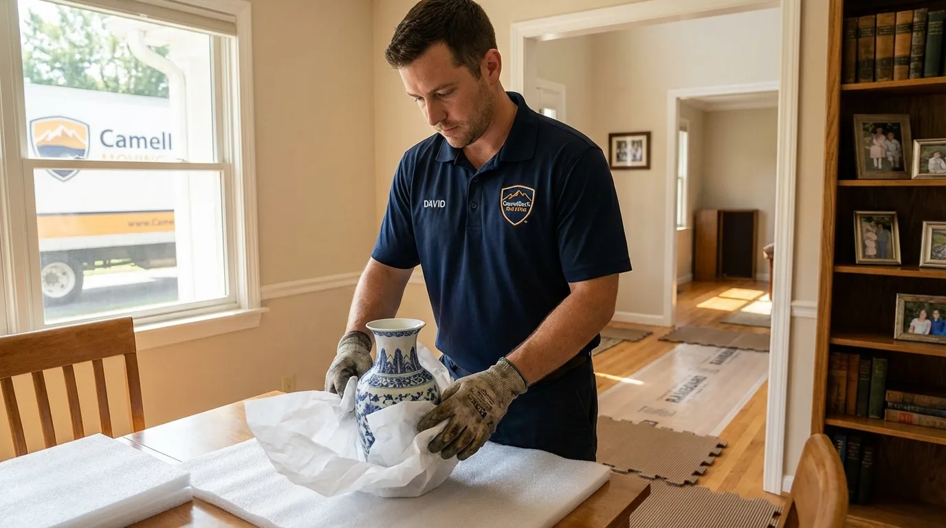 Professional crew carefully wrapping antique vase for senior downsizing move in Council Grove, KS
